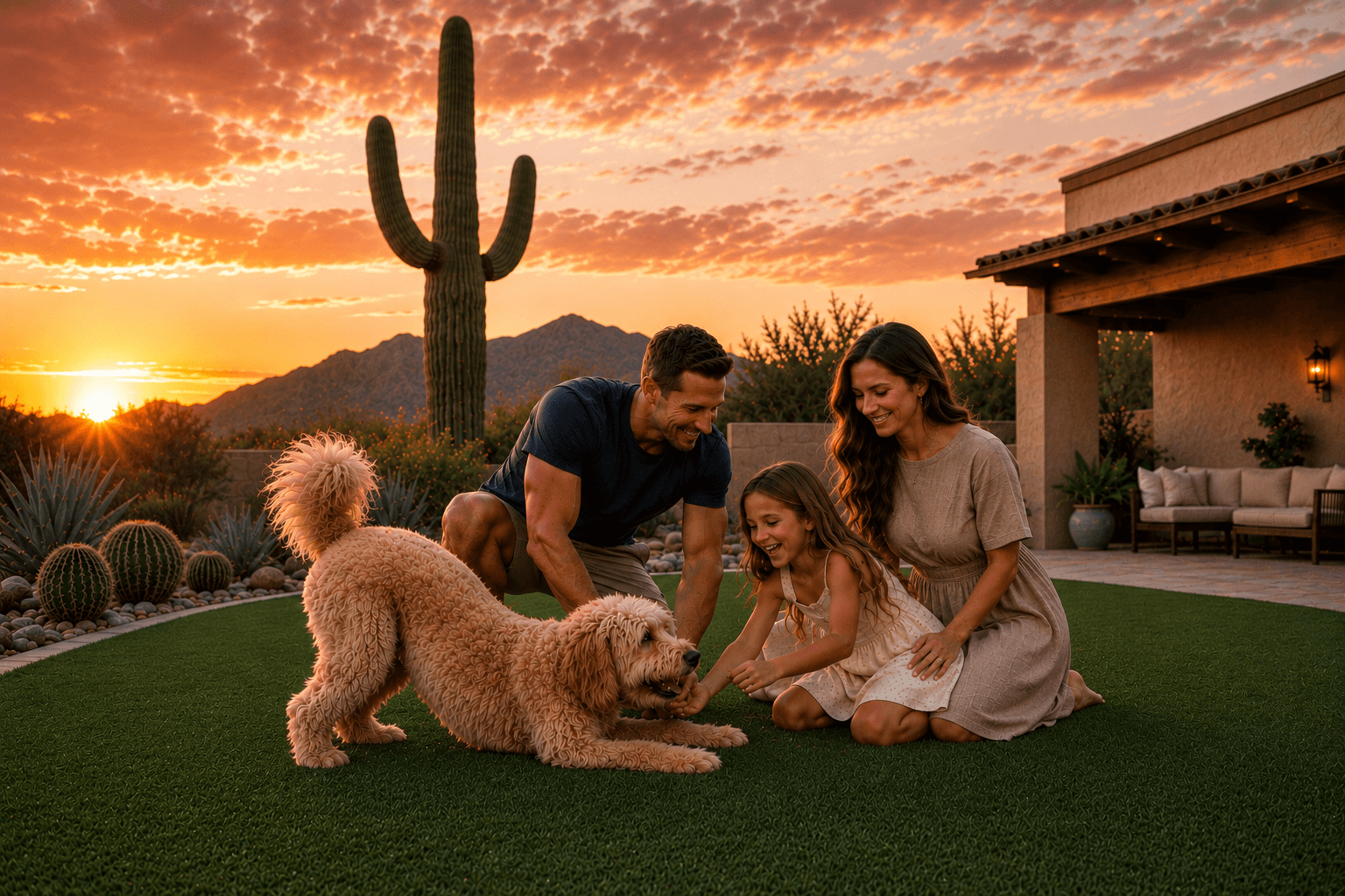 Arizona family playing with their dog on freshly cleaned artificial turf at sunset